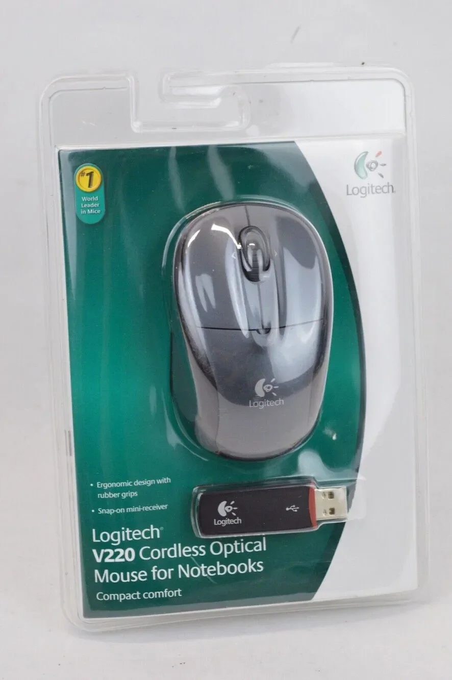 Logitech V220 Computer Wireless USB Cordless Optical Mouse for Notebooks Black